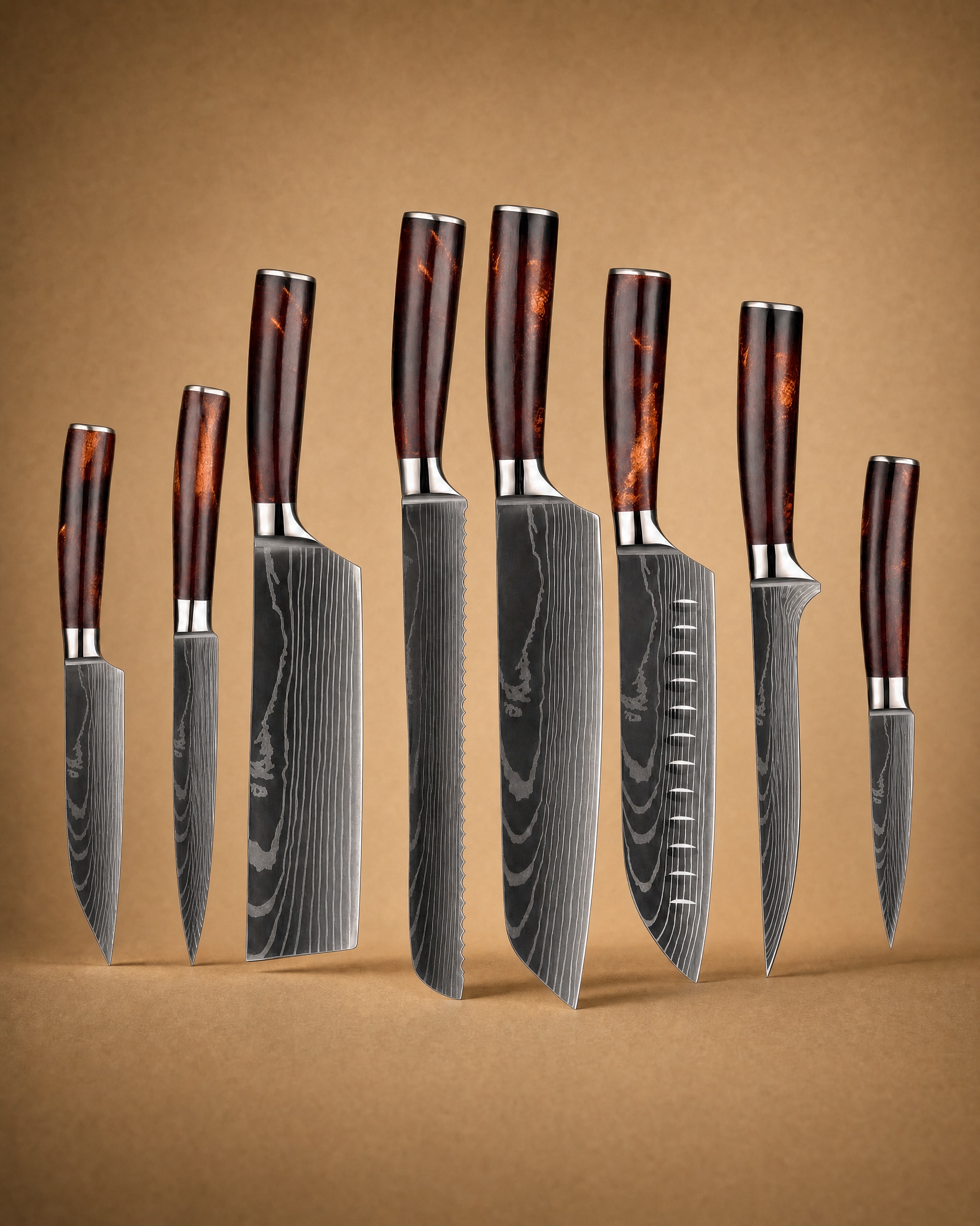 Asahi 朝日川 Damascus Pattern Stainless Steel Kitchen 8 Knife Set